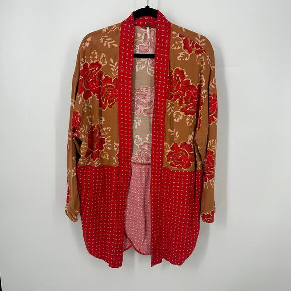 Free people forget me not kimono cardigan size small red floral brunch cover up - Picture 2 of 11